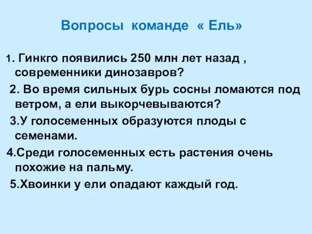 Вопросы команде « Ель» 1. Гинкго появились 250 млн лет назад