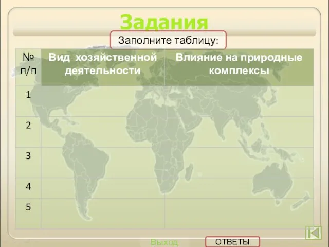 Задания Выход Заполните таблицу: ОТВЕТЫ