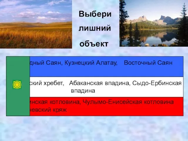 объект Выбери лишний Западный Саян, Кузнецкий Алатау, Абаканская впадина, Сыдо-Ербинская впадина