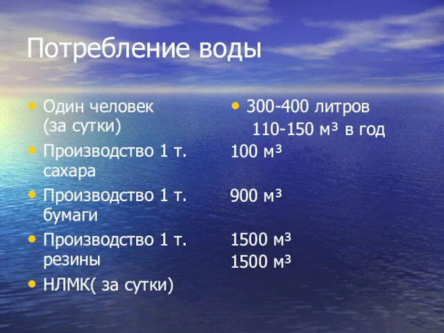 Потребление воды Один человек (за сутки) Производство 1 т. сахара Производство