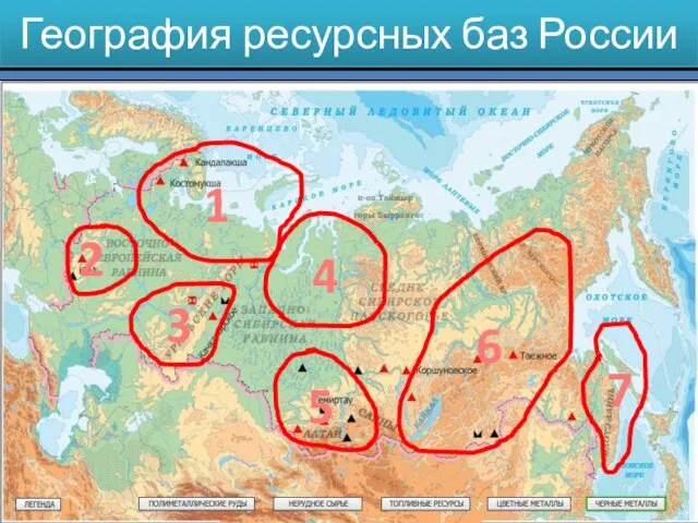 География ресурсных баз России 2 1 3 4 5 6 7