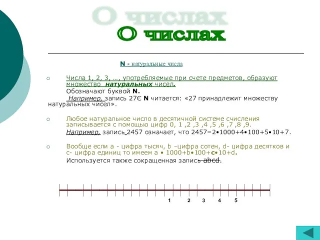 N - натуральные числа Числа 1, 2, 3, …, употребляемые при