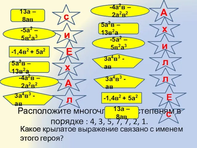 Расположите многочлены по степеням в порядке : 4, 3, 5, 7,