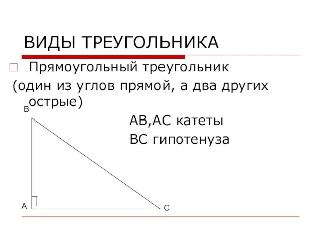 ВИДЫ ТРЕУГОЛЬНИКА Прямоугольный треугольник (один из углов прямой, а два других