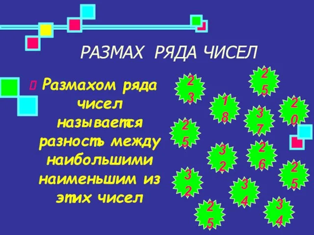 РАЗМАХ РЯДА ЧИСЕЛ Размахом ряда чисел называется разность между наибольшими наименьшим