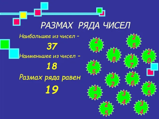 РАЗМАХ РЯДА ЧИСЕЛ Наибольшее из чисел – 37 Наименьшее из чисел