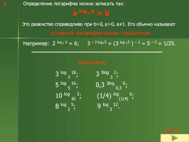 Определение логарифма можно записать так: a log a b = b