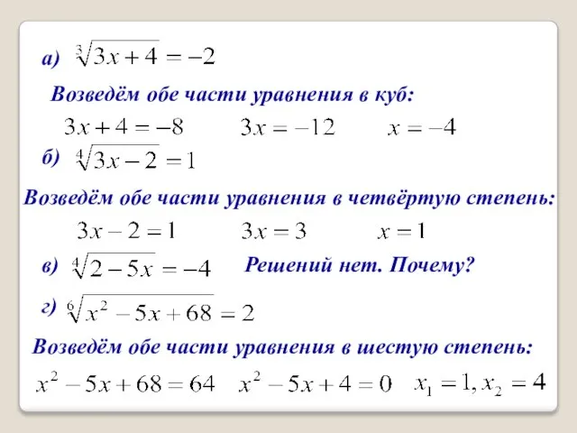 Возведём обе части уравнения в куб: а) б) Возведём обе части