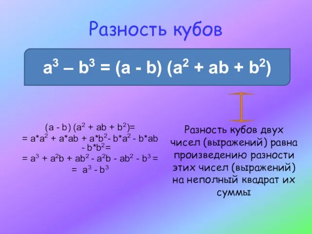 Разность кубов a3 – b3 = (a - b) (a2 +