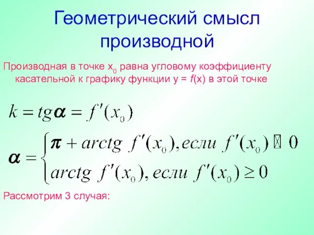 Геометрический смысл производной Производная в точке х0 равна угловому коэффициенту касательной