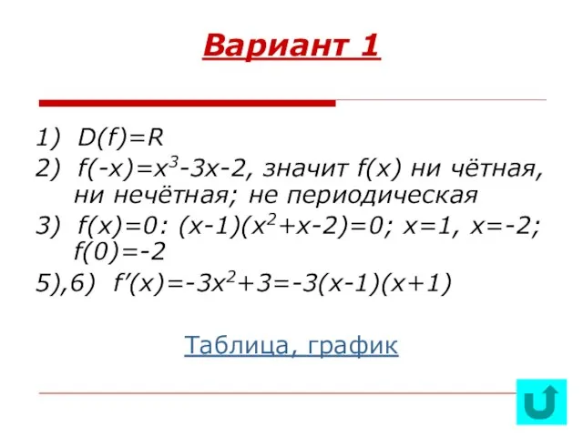 Вариант 1 1) D(f)=R 2) f(-x)=x3-3x-2, значит f(x) ни чётная, ни