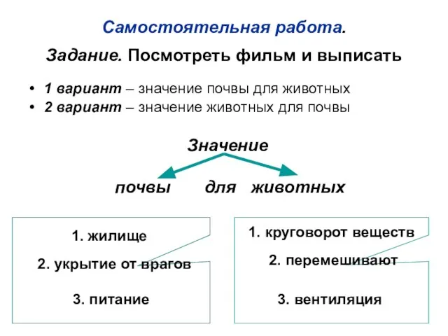 Самостоятельная работа. Задание. Посмотреть фильм и выписать 1 вариант – значение