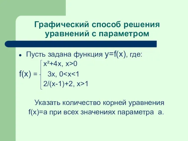 Графический способ решения уравнений с параметром Пусть задана функция y=f(x), где: