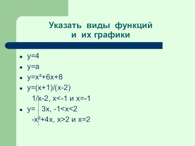 Указать виды функций и их графики у=4 у=а y=x²+6x+8 y=(x+1)/(x-2) 1/x-2,