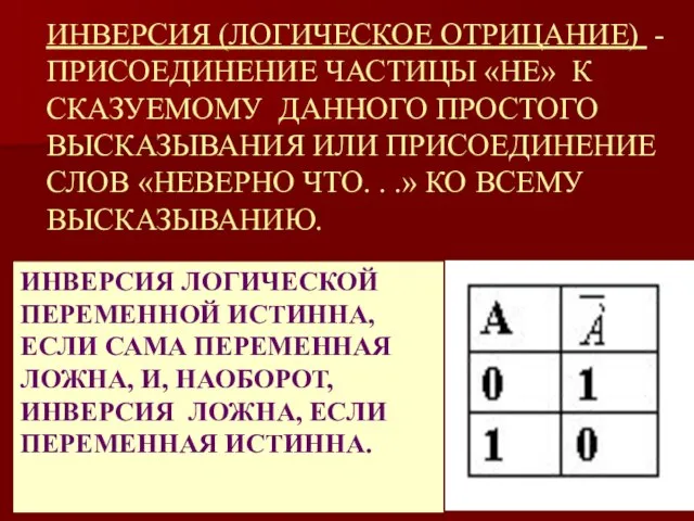 ИНВЕРСИЯ (ЛОГИЧЕСКОЕ ОТРИЦАНИЕ) - ПРИСОЕДИНЕНИЕ ЧАСТИЦЫ «НЕ» К СКАЗУЕМОМУ ДАННОГО ПРОСТОГО