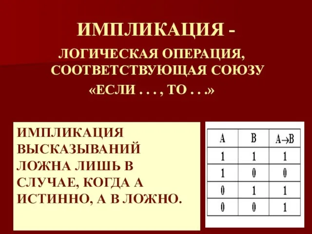 ИМПЛИКАЦИЯ - ЛОГИЧЕСКАЯ ОПЕРАЦИЯ, СООТВЕТСТВУЮЩАЯ СОЮЗУ «ЕСЛИ . . . ,