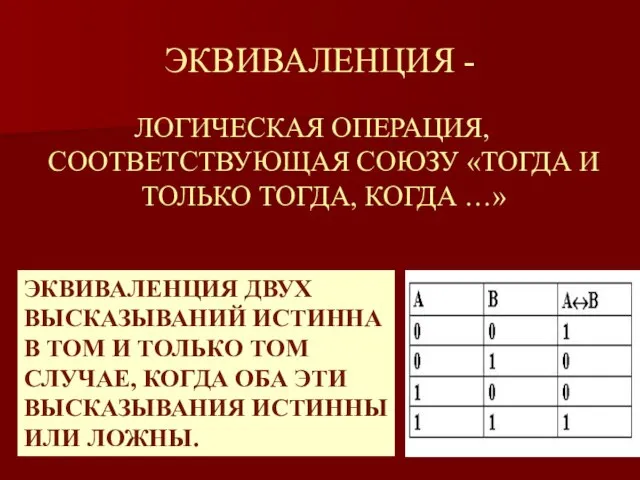 ЭКВИВАЛЕНЦИЯ - ЛОГИЧЕСКАЯ ОПЕРАЦИЯ, СООТВЕТСТВУЮЩАЯ СОЮЗУ «ТОГДА И ТОЛЬКО ТОГДА, КОГДА