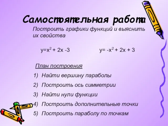 Самостоятельная работа Построить графики функций и выяснить их свойства y=x2 +