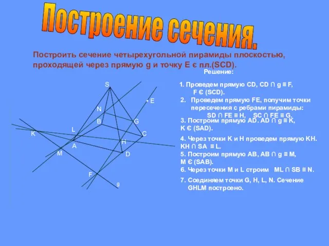 Построить сечение четырехугольной пирамиды плоскостью, проходящей через прямую g и точку