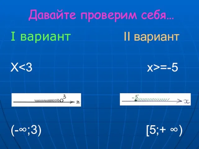 Давайте проверим себя… I вариант II вариант X =-5 (-∞;3) [5;+ ∞)