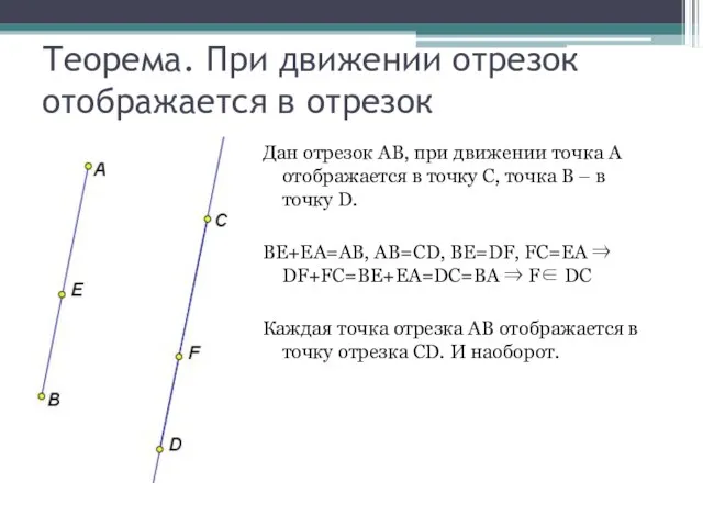 Теорема. При движении отрезок отображается в отрезок Дан отрезок АВ, при