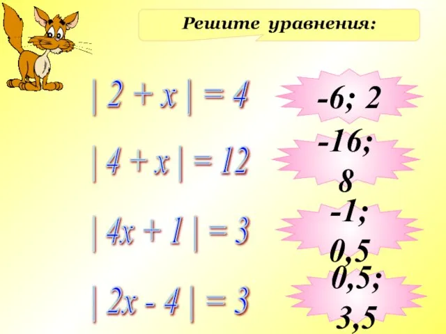 Решите уравнения: | 2 + x | = 4 | 4