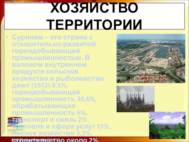 ХОЗЯЙСТВО ТЕРРИТОРИИ Суринам – это страна с относительно развитой горнодобывающей промышленностью.