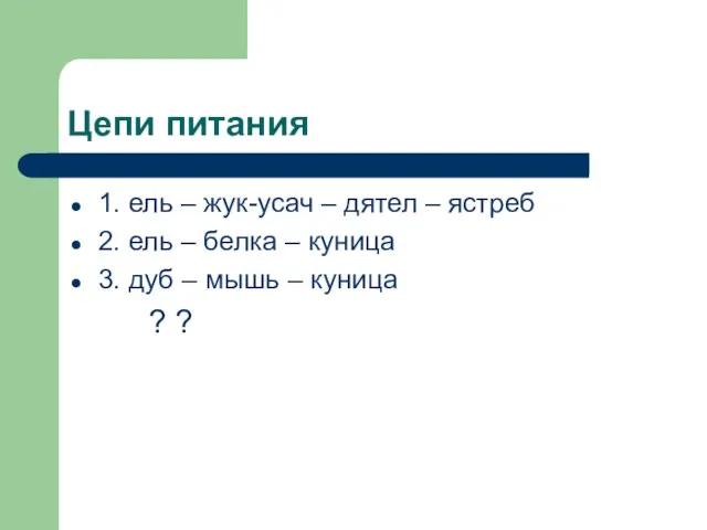 Цепи питания 1. ель – жук-усач – дятел – ястреб 2.