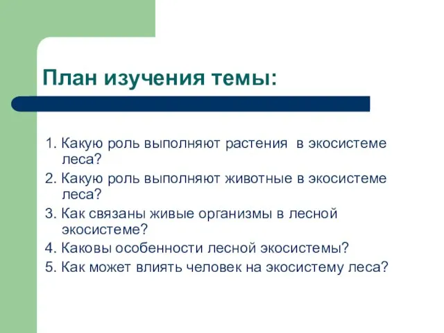 План изучения темы: 1. Какую роль выполняют растения в экосистеме леса?