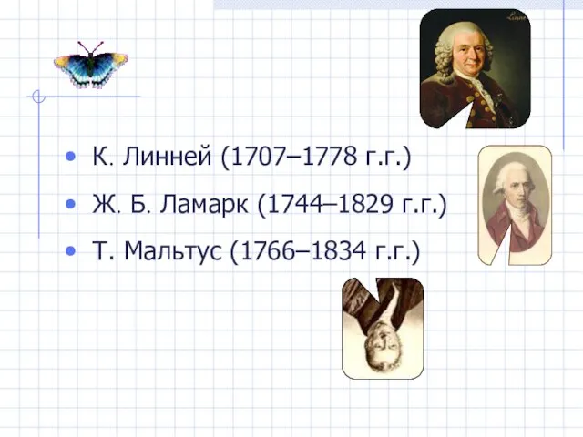 К. Линней (1707–1778 г.г.) Ж. Б. Ламарк (1744–1829 г.г.) Т. Мальтус (1766–1834 г.г.)