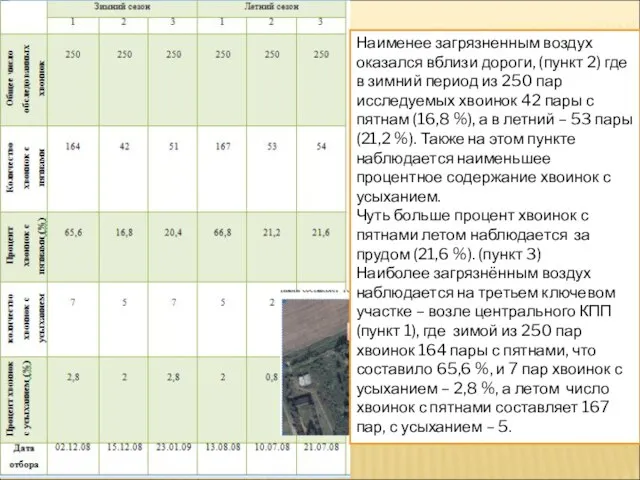 Наименее загрязненным воздух оказался вблизи дороги, (пункт 2) где в зимний