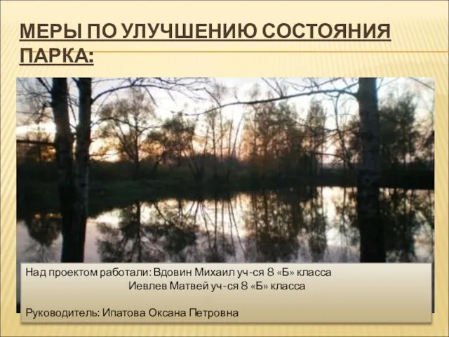 МЕРЫ ПО УЛУЧШЕНИЮ СОСТОЯНИЯ ПАРКА: цветочное оформление парка; установка скамеек и