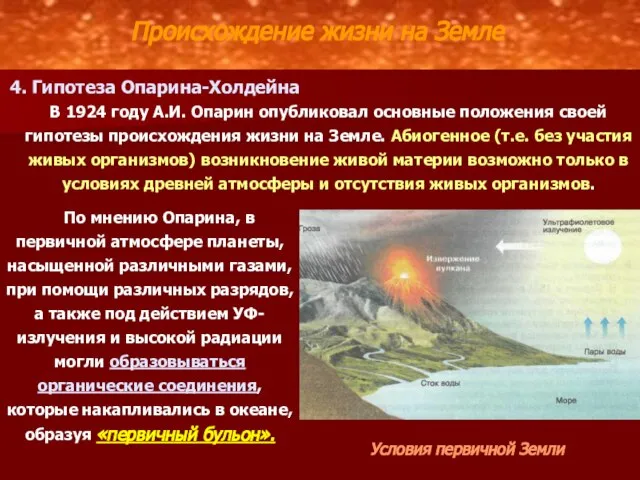 4. Гипотеза Опарина-Холдейна Происхождение жизни на Земле В 1924 году А.И.