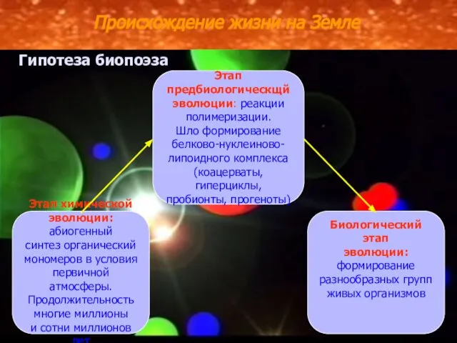 Происхождение жизни на Земле Гипотеза биопоэза Этап химической эволюции: абиогенный синтез