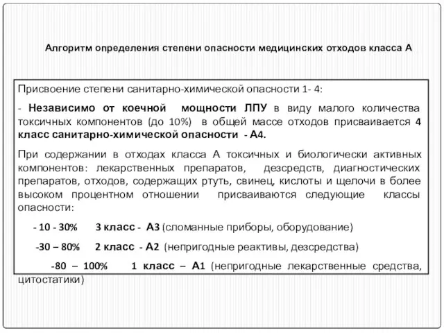 Алгоритм определения степени опасности медицинских отходов класса А Присвоение степени санитарно-химической