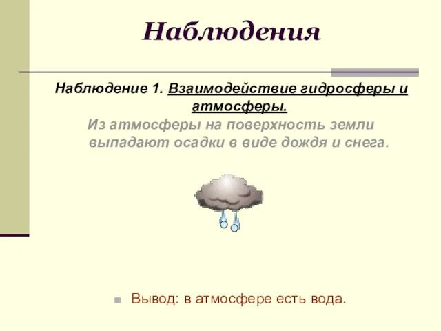 Наблюдения Наблюдение 1. Взаимодействие гидросферы и атмосферы. Вывод: в атмосфере есть