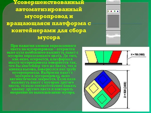 Усовершенствованный автоматизированный мусоропровод и вращающаяся платформа с контейнерами для сбора мусора