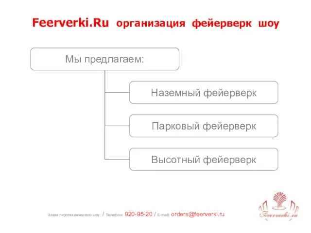 Заказ пиротехнического шоу: / Телефон: 920-95-20 / E-mail: orders@feerverki.ru Feerverki.Ru организация фейерверк шоу