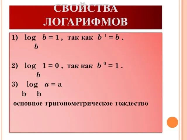 СВОЙСТВА ЛОГАРИФМОВ 1) log b = 1 , так как b