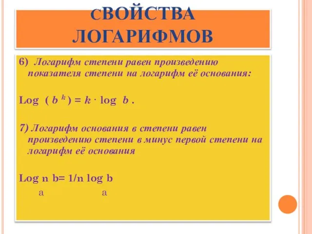 СВОЙСТВА ЛОГАРИФМОВ 6) Логарифм степени равен произведению показателя степени на логарифм