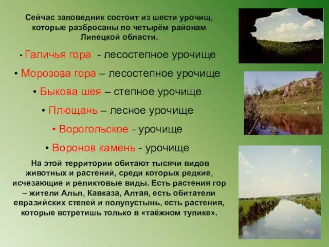 Сейчас заповедник состоит из шести урочищ, которые разбросаны по четырём районам