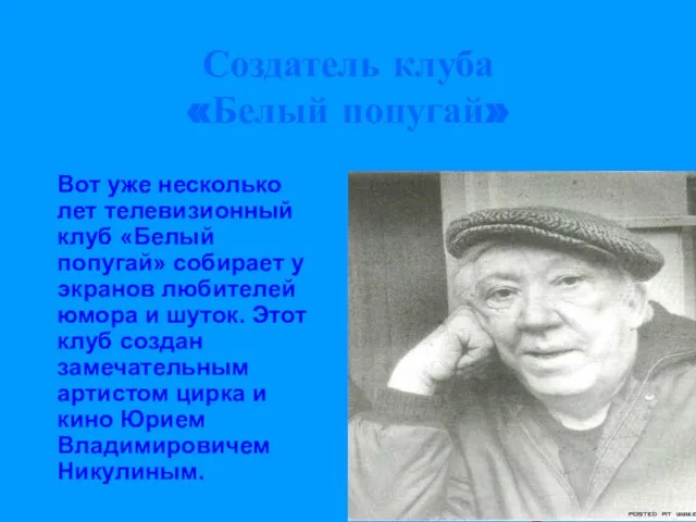 Создатель клуба «Белый попугай» Вот уже несколько лет телевизионный клуб «Белый