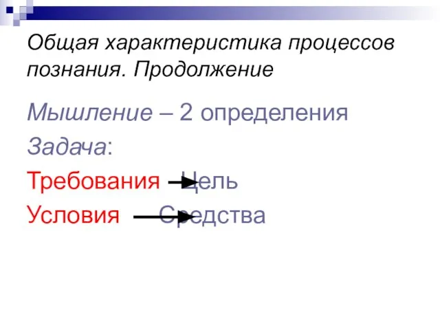 Общая характеристика процессов познания. Продолжение Мышление – 2 определения Задача: Требования Цель Условия Средства