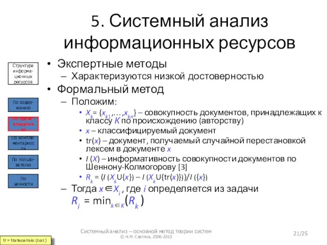 5. Системный анализ информационных ресурсов Экспертные методы Характеризуются низкой достоверностью Формальный