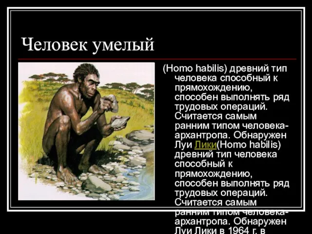 Человек умелый (Homo habilis) древний тип человека способный к прямохождению, способен