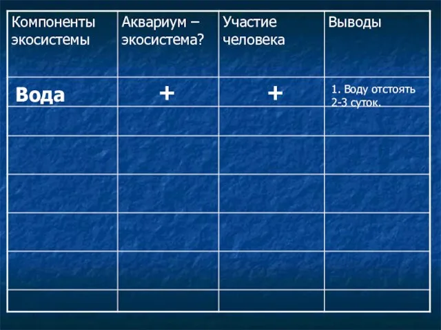 Вода + + 1. Воду отстоять 2-3 суток.