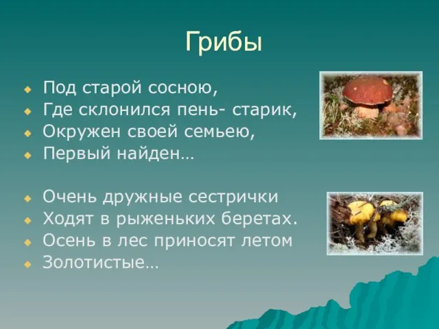 Грибы Под старой сосною, Где склонился пень- старик, Окружен своей семьею,