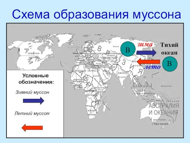 Схема образования муссона В В Тихий океан зима В В лето