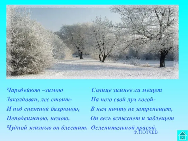 Чародейкою –зимою Солнце зимнее ли мещет Заколдован, лес стоит- На него