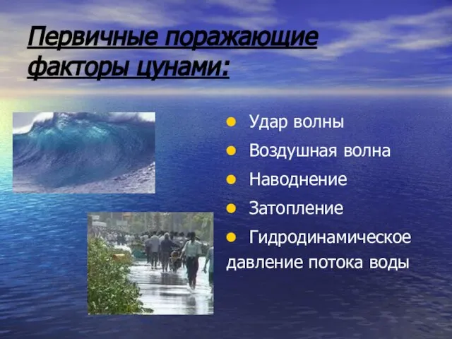 Первичные поражающие факторы цунами: Удар волны Воздушная волна Наводнение Затопление Гидродинамическое давление потока воды